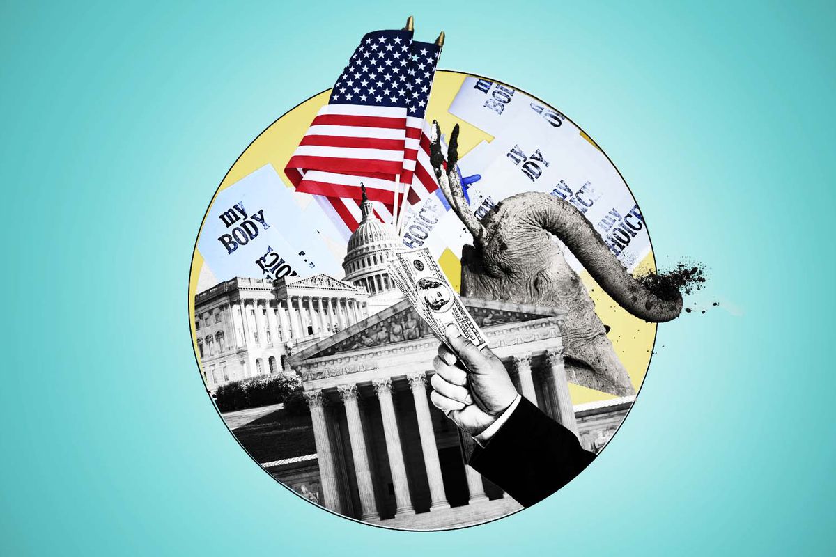 A circle full of black and white images sits in a teal background; the images, layered on top of one another as a collage, include the US Capitol, the US Supreme Court building, an elephant with its trunk extended, protest signs reading “my body, my choice,” a hand raised holding a $100 bill, and above all these, two US flags, in color.