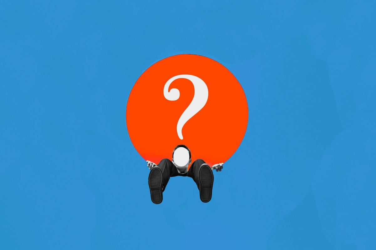 An illustration with a blue background shows a person sitting, feet toward the viewer, holding a large red circle with a question mark in it that covers the rest of their body. 