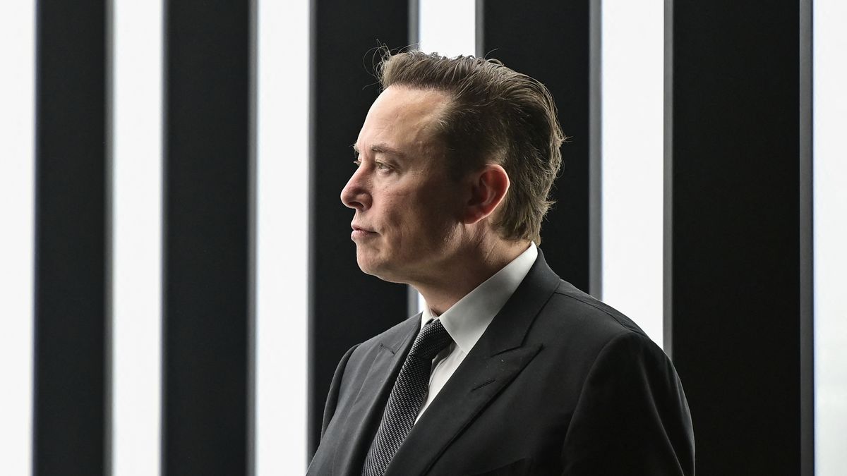 Elon Musk stands in front of a striped background.