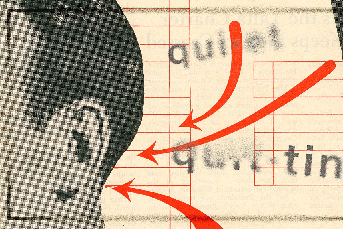 Illustration of a person’s ear with arrows pointing to it and the words “quiet” and “quitting.”