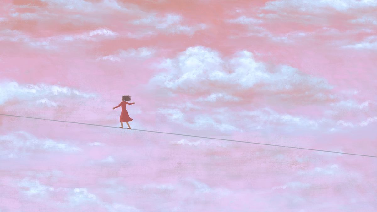 An illustration of a woman in a red dress, seen from far away, walking a tightrope in the sky, which is pink with white clouds.