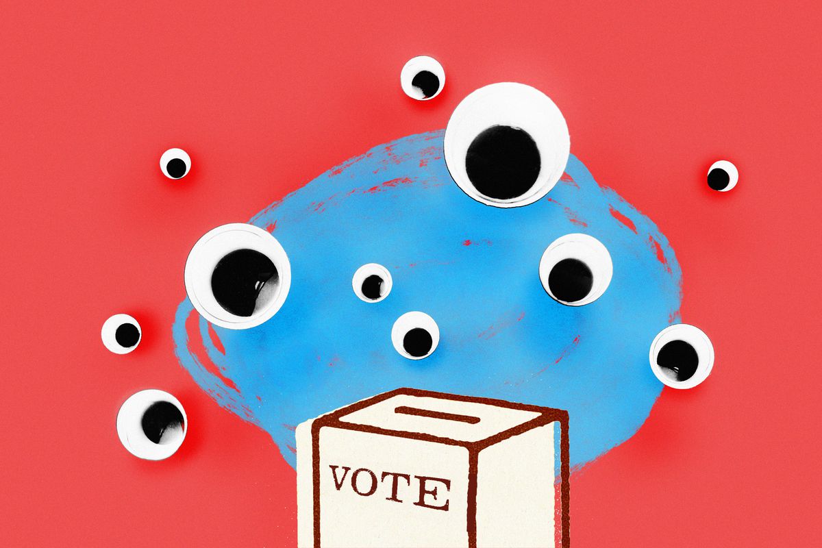 A graphic showing a cute blob with googly eyes looking at a ballot box. 