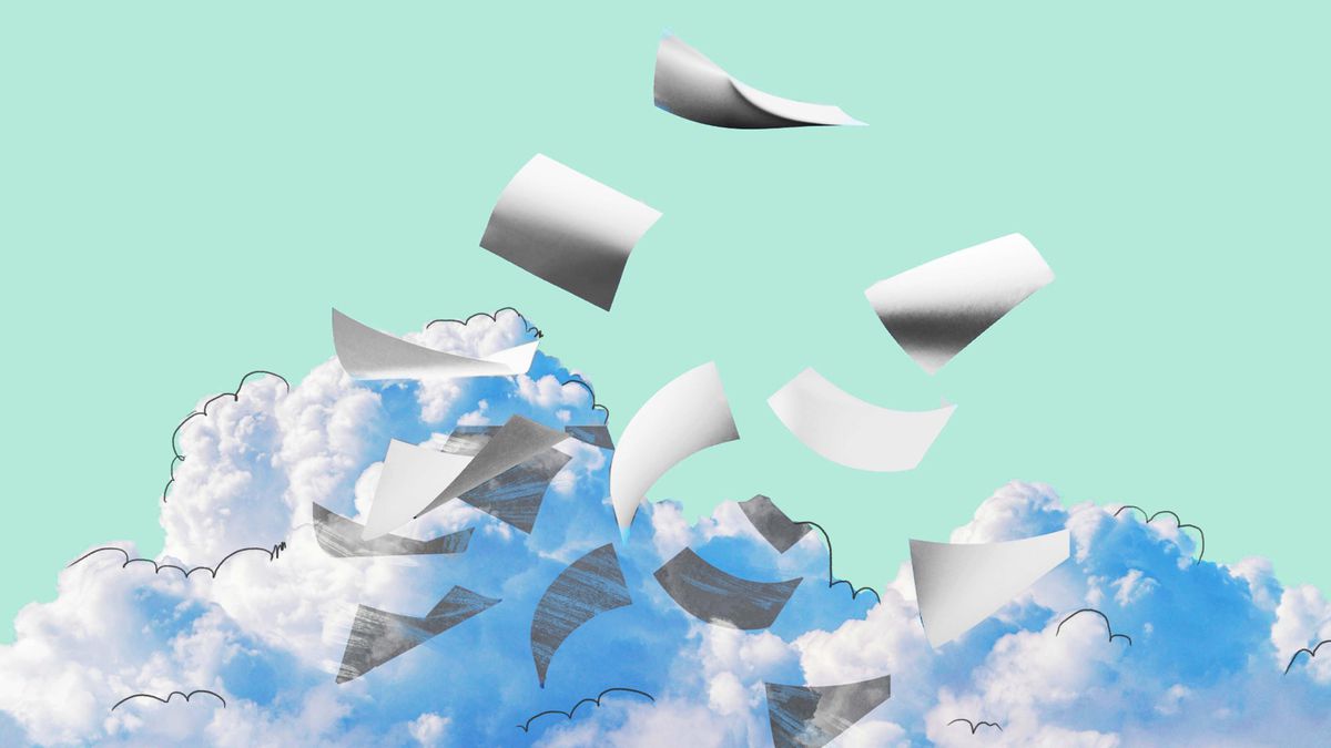 An illustration of pieces of blank paper floating in front of a cloud set against a turquoise background.