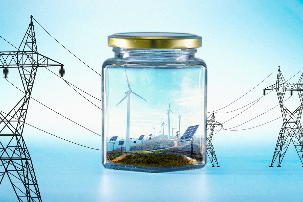 Transmission lines on a blue background are seen connecting to a jar with solar panels and wind turbines inside of it.