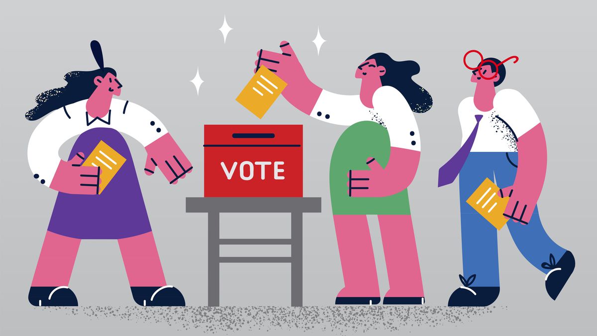 An illustration in bright colors on a gray background, showing three people standing around a ballot box with the word “vote.” Each person holds a ballot. One woman drops her ballot into the box.