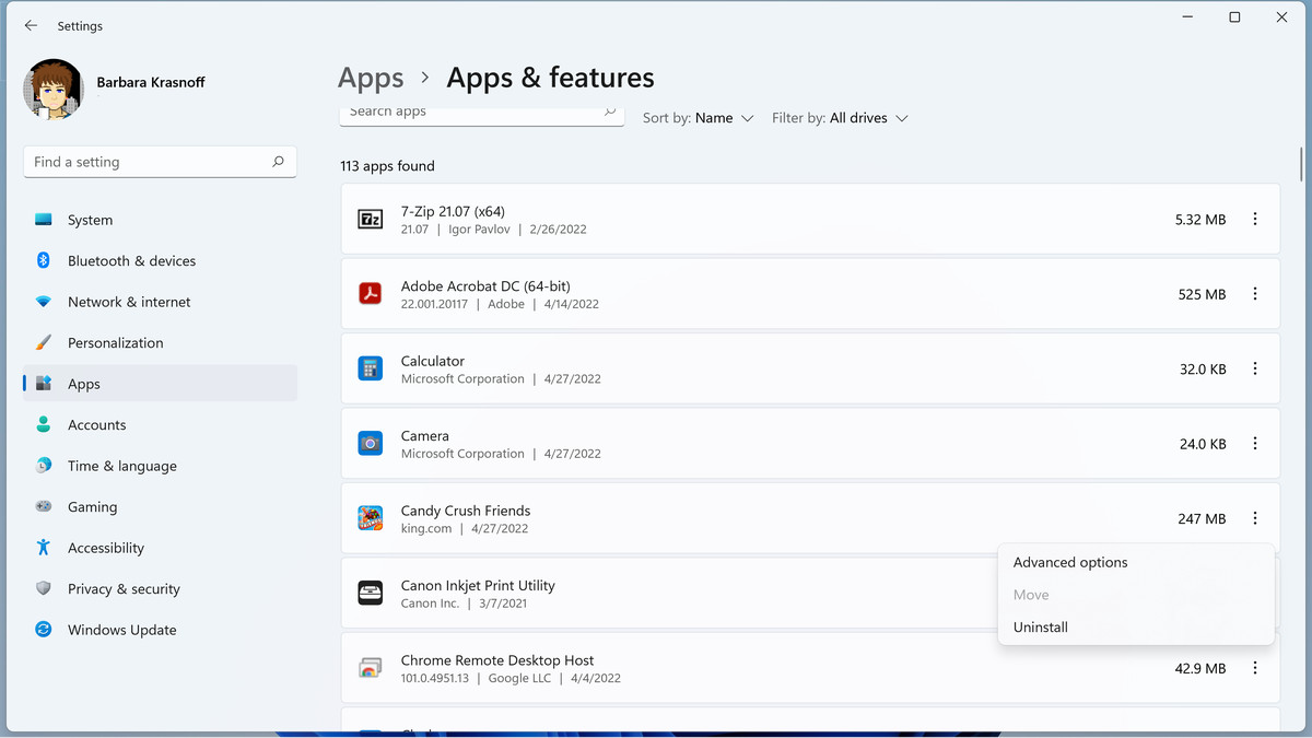 Apps &amp; features menu showing uninstall menu