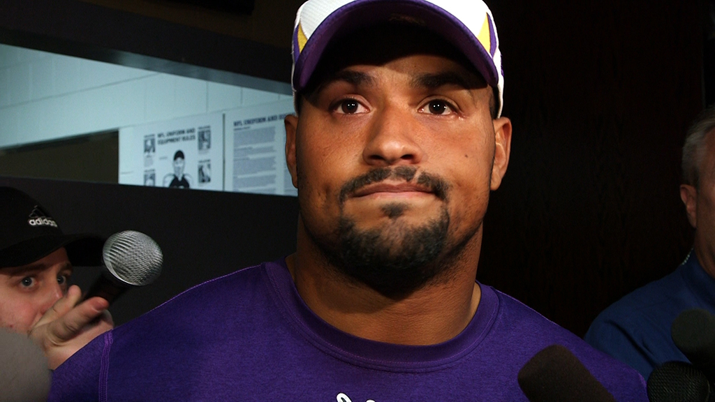 Captain Munnerlyn, Jerome Felton, Everson Griffen and Blair Walsh react to Adrian Peterson being put on the commissioner's exempt list.