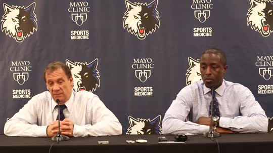 Timberwolves coach Flip Saunders and general manager, Milt Newton, talk about scoring Tyus Jones, Thursday, June 26, 2015, at Mayo Clinic Square.