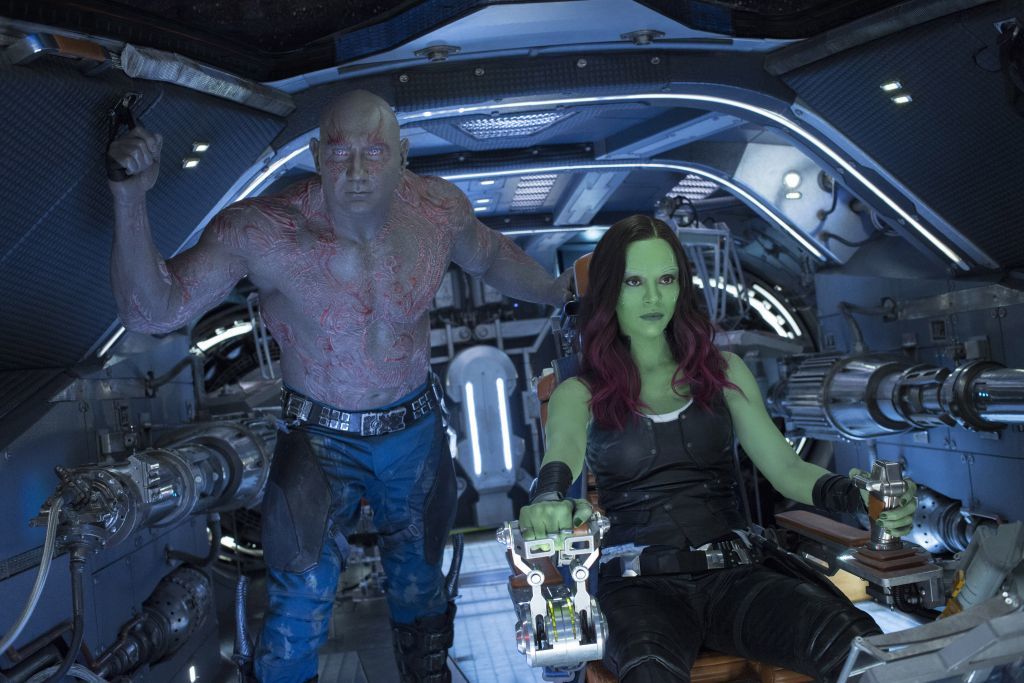 Drax (Dave Bautista) and Gamora (Zoe Saldana) in 