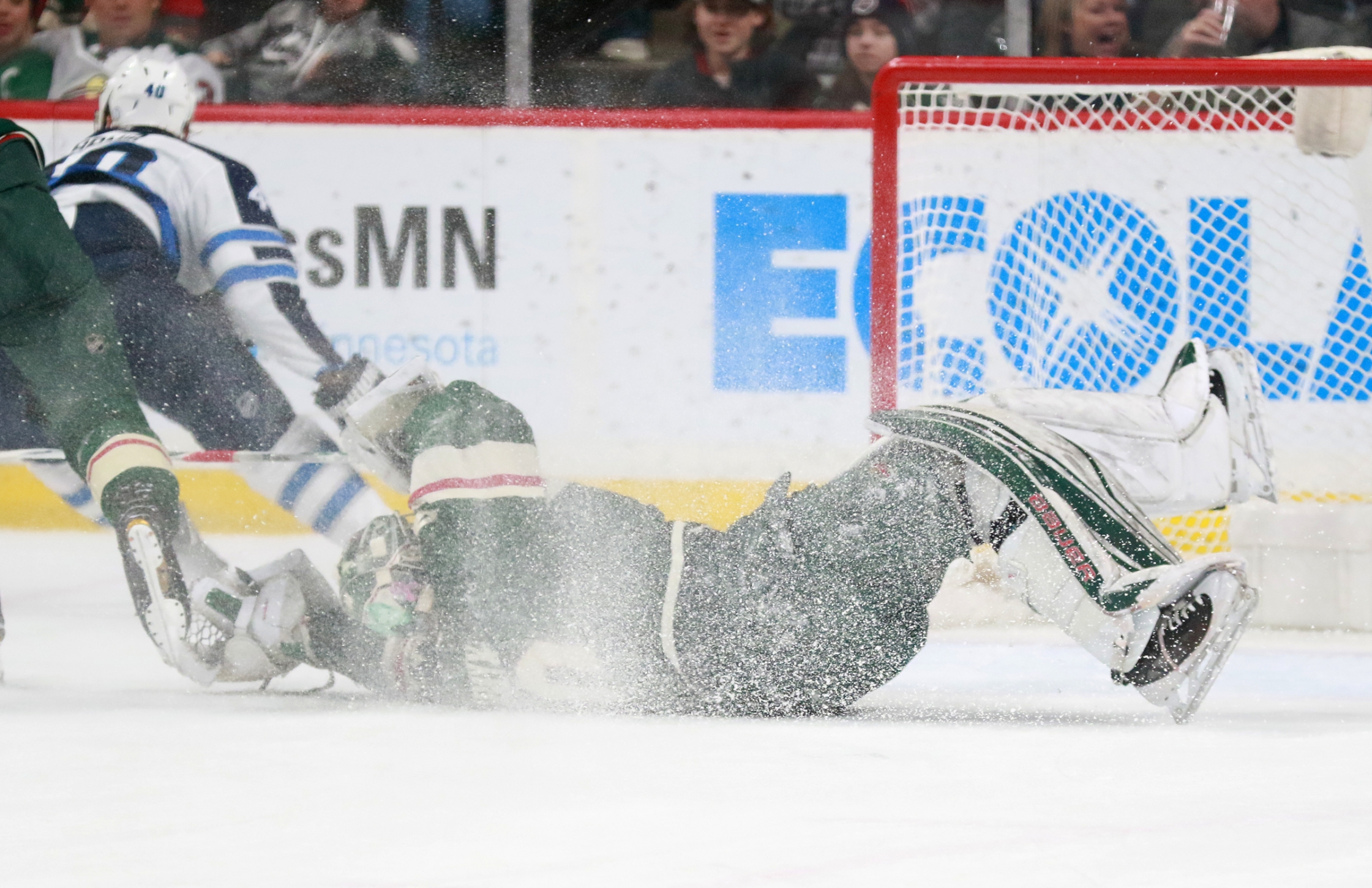 Wild goalie Devan Dubnyk went down to the ice to save a shot by the Winnipeg Jets' Joel Armia