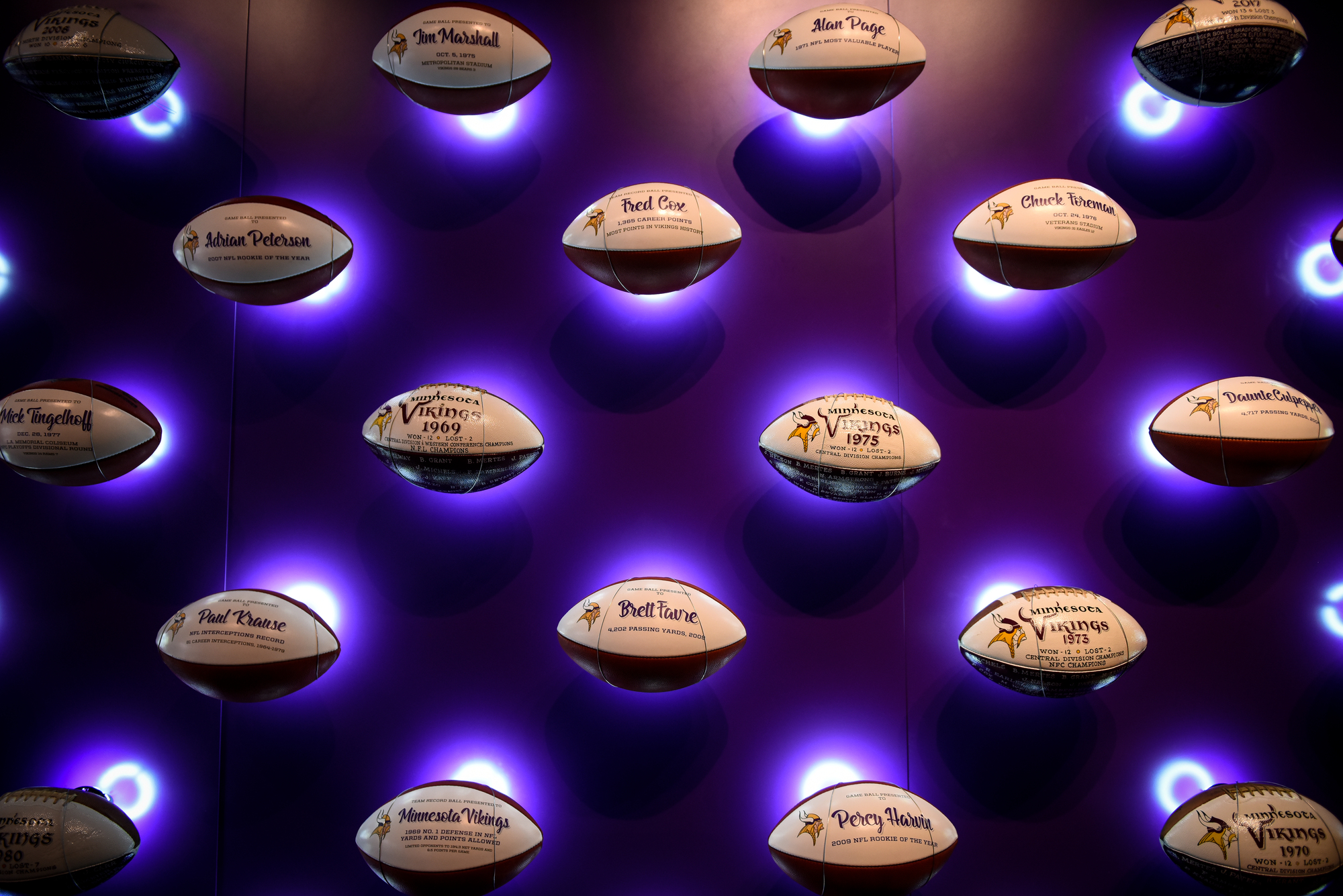 The Triumphs in Battle Wall, containing various game balls from Vikings history.