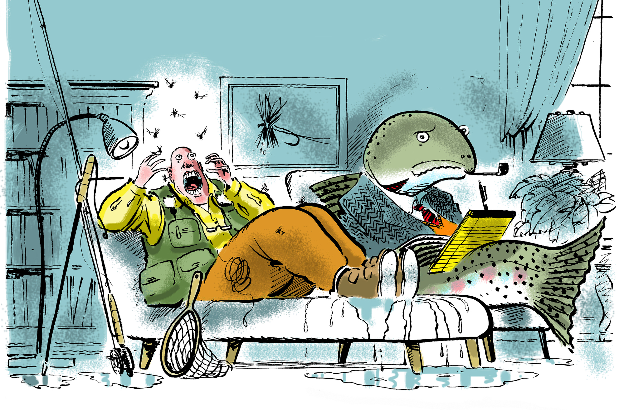 An illustration from the latest reprinting of “Fear of Fly Fishing,’’ the first of several fly fishing books created by Pulitzer Prize-winning political cartoonist Jack Ohman.