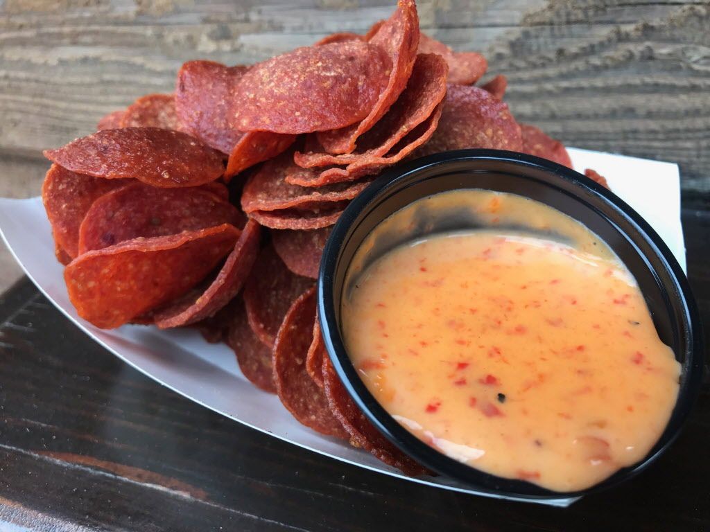Pepperoni Chips With Roasted Red Pepper Dipping Sauce, LuLu's Public House, West End Market, $7. The strangely addictive snack that is giving nightmares to cardiologists everywhere, and a beer vendor's best friend. Totally fun fair fare. Photo by Rick Nelson New food at the Minnesota State Fair 2018