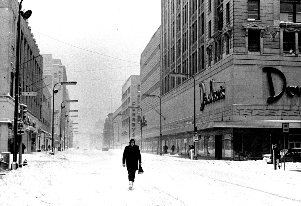 Nicollet Avenue, March 1966: Downtown Minneapolis was nearly deserted after a spring blizzard left most area residents stranded in their homes.