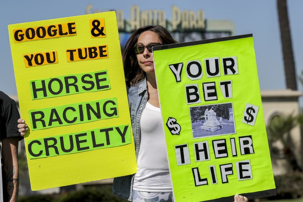 A protester at the re-opening of the horse racing at Santa Anita Park on March 29, 2019.