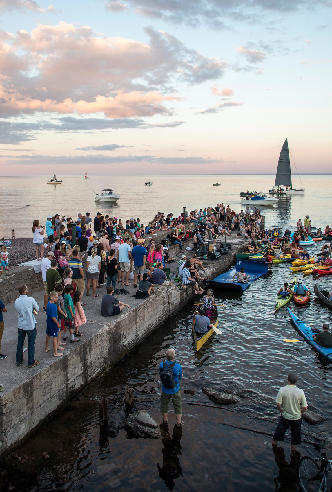 Glensheen Mansion hosts a weekly concert series in July with bands performing on the pier. Kayaks are encouraged.
