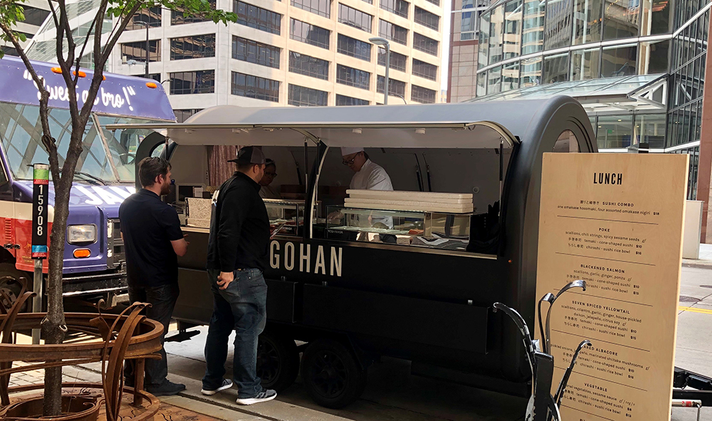 Gohan, shown parked on 2nd Avenue S. at 6th Street in downtown Minneapolis, is a trailer complete with a sushi bar.