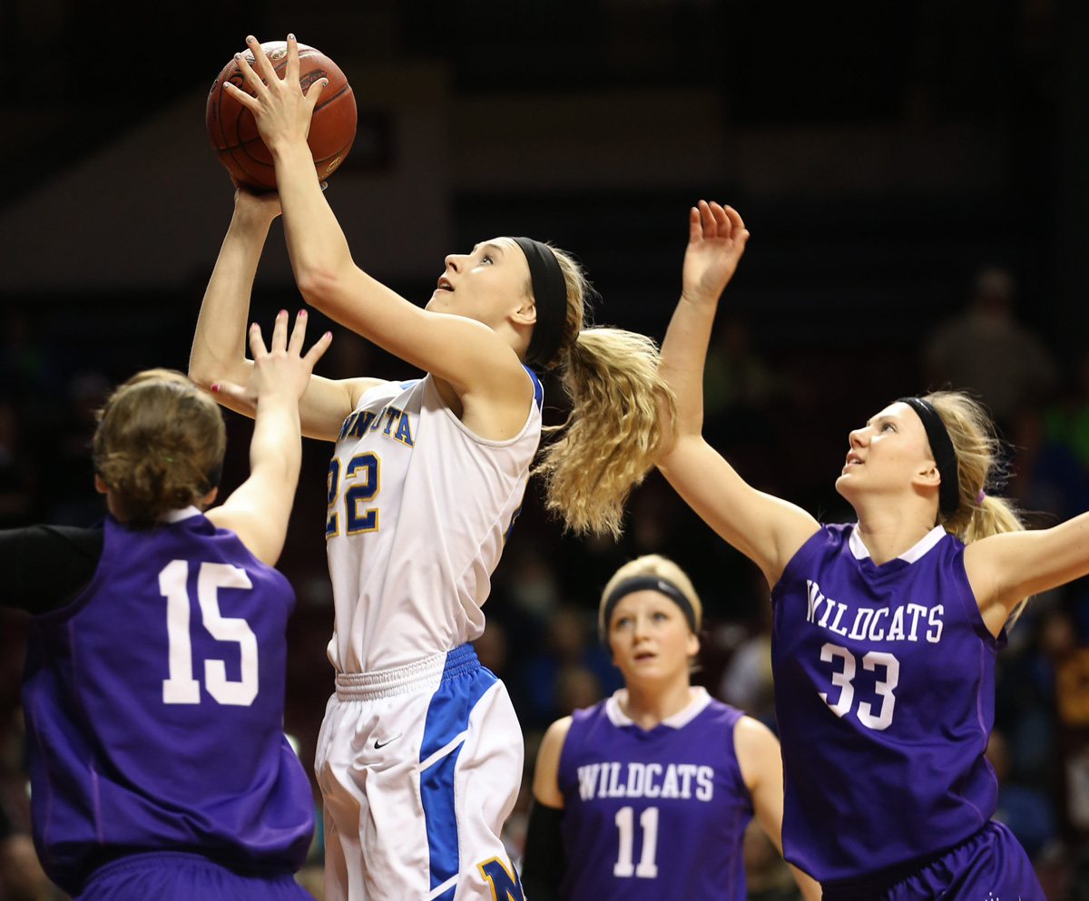 Taylor Reiss starred for Minnesota High School in basketball and volleyball. She went up for a shot against Goodhue in the 2014 Class 1A girls' state basketball tournament.