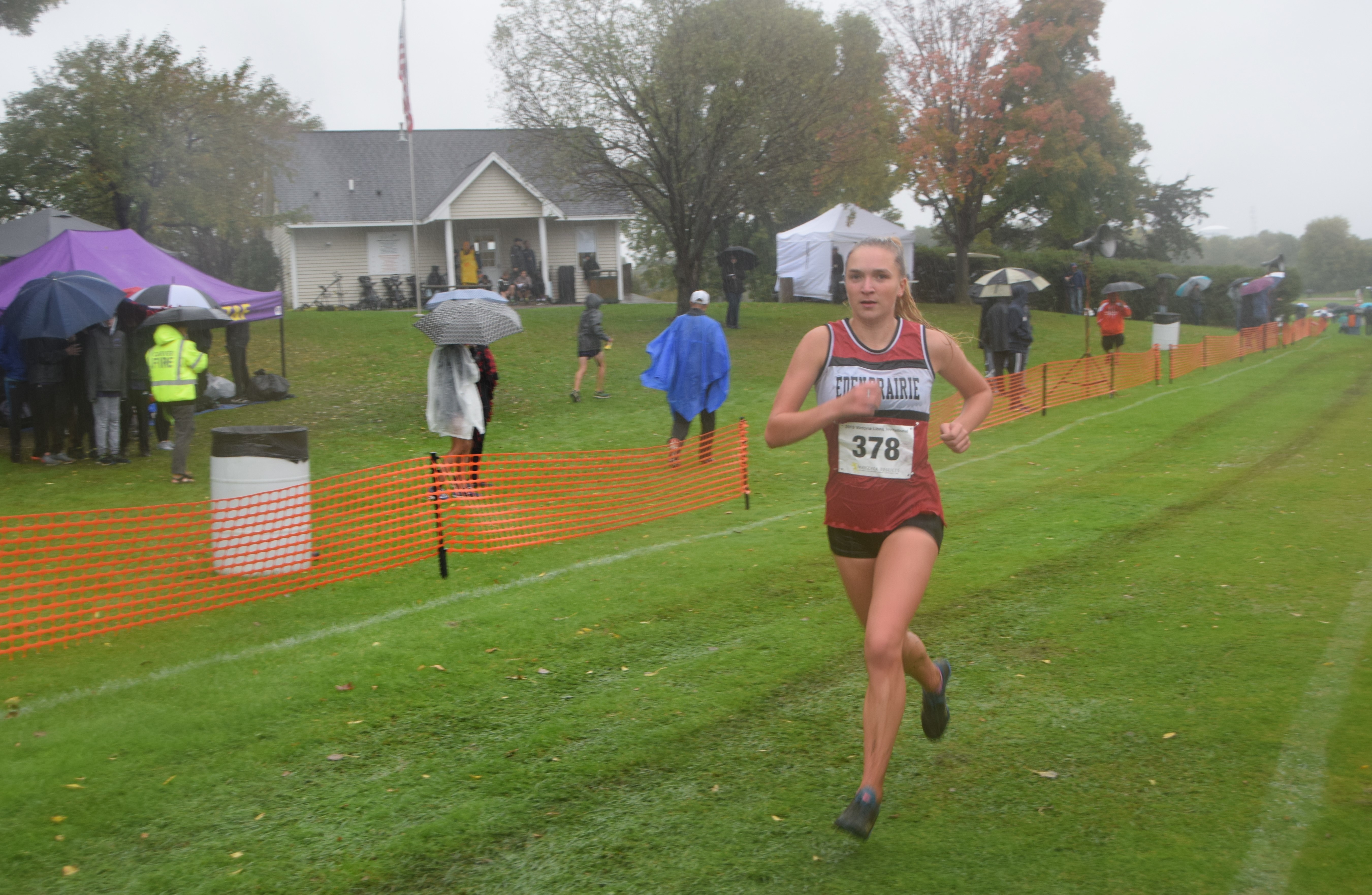 Eden Prairie's Liesl Paulsen approaching the finish in the Victoria Lions Invitational on Tuesday, Oct. 1, 2019