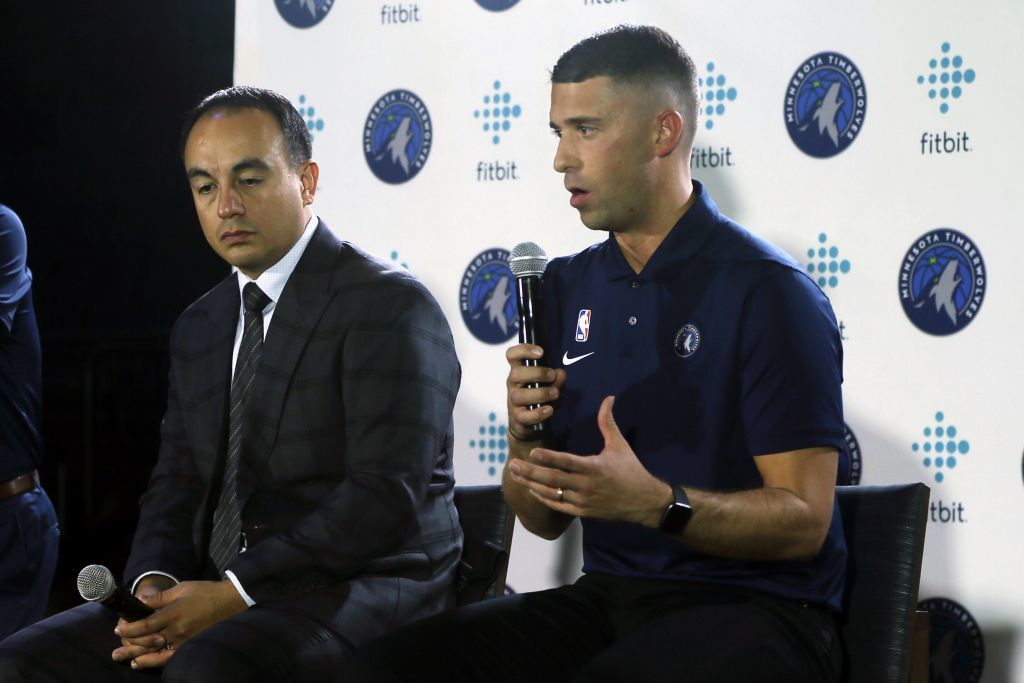 Minnesota Timberwolves head coach Ryan Saunders, right, addresses the media as Timberwolves President Gersson Rosas listens during the NBA basketball team's media day.