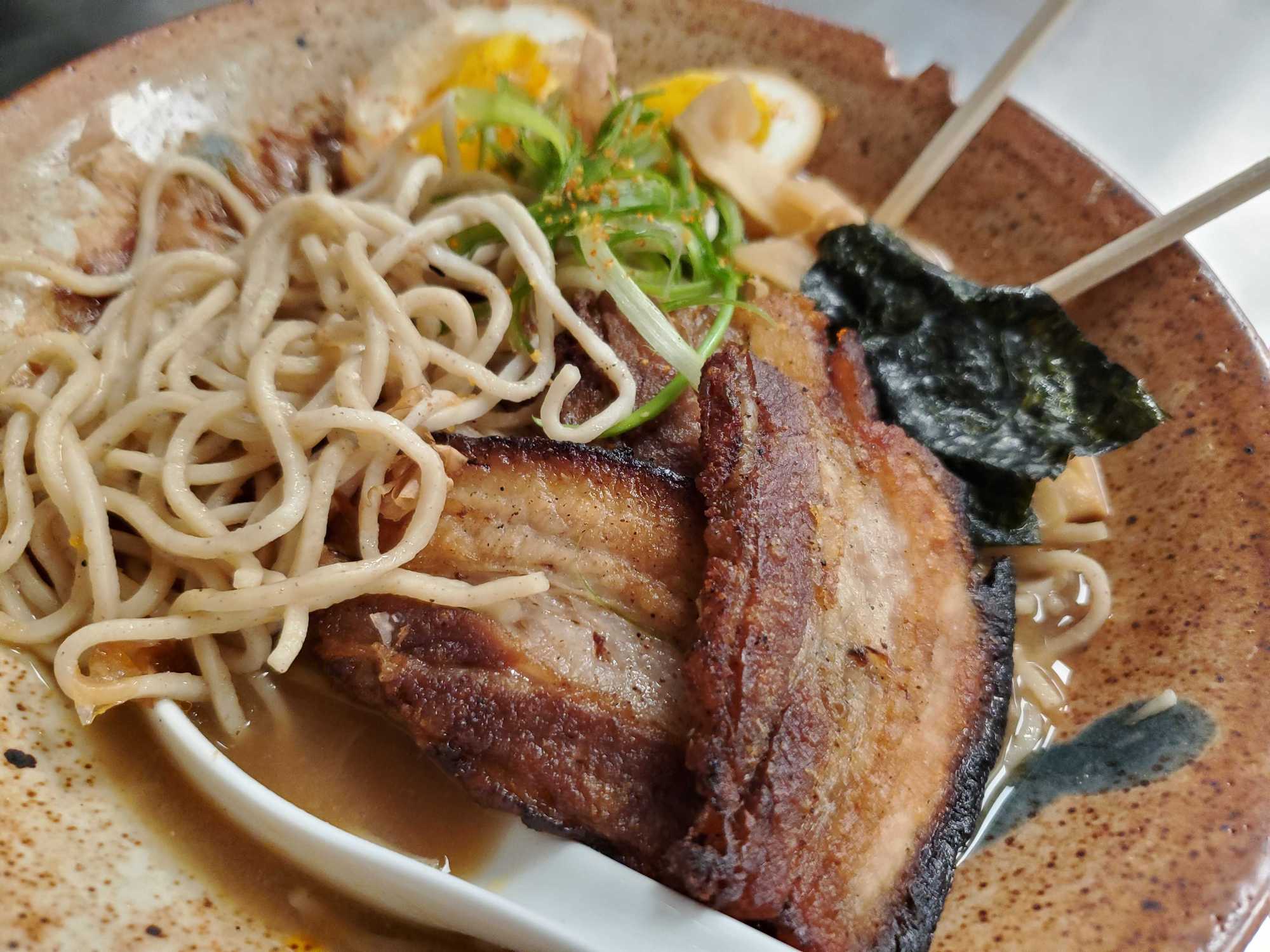 Braised pork belly and soba noodles from Obochan Noodles & Fried Chicken at Potluck, Rosedale Center's new food hall