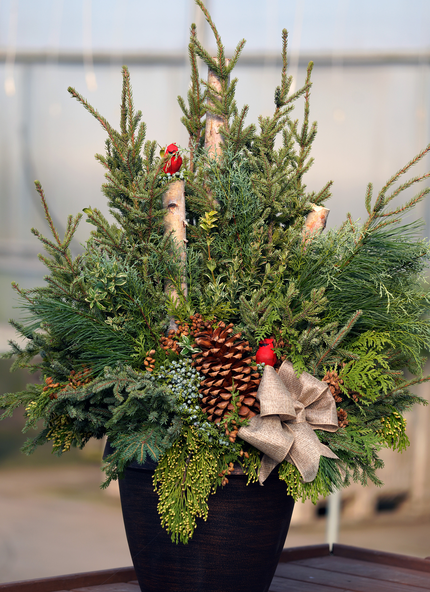 Custom holiday planter designed by Pahls designer Beth Rau. Ideas for creative winter and holiday spruce tip planters.