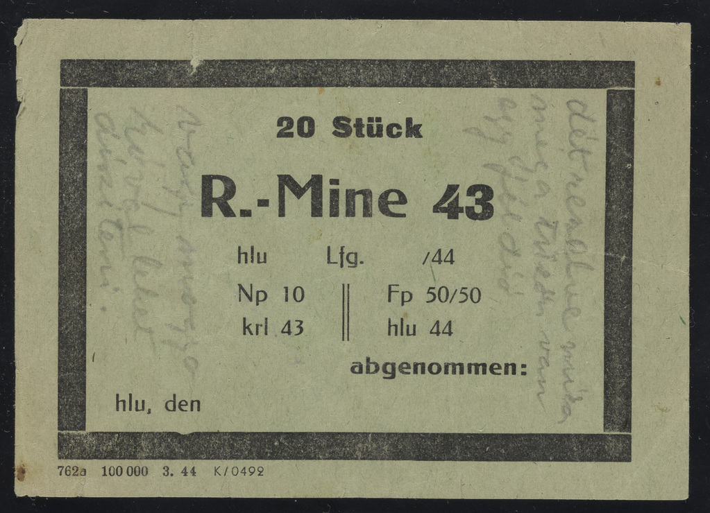 A meringue recipe from a woman named R. Kopp is written on the back of a form for Riegel Mine sticks, a German steel cased bar mine used in WWII.