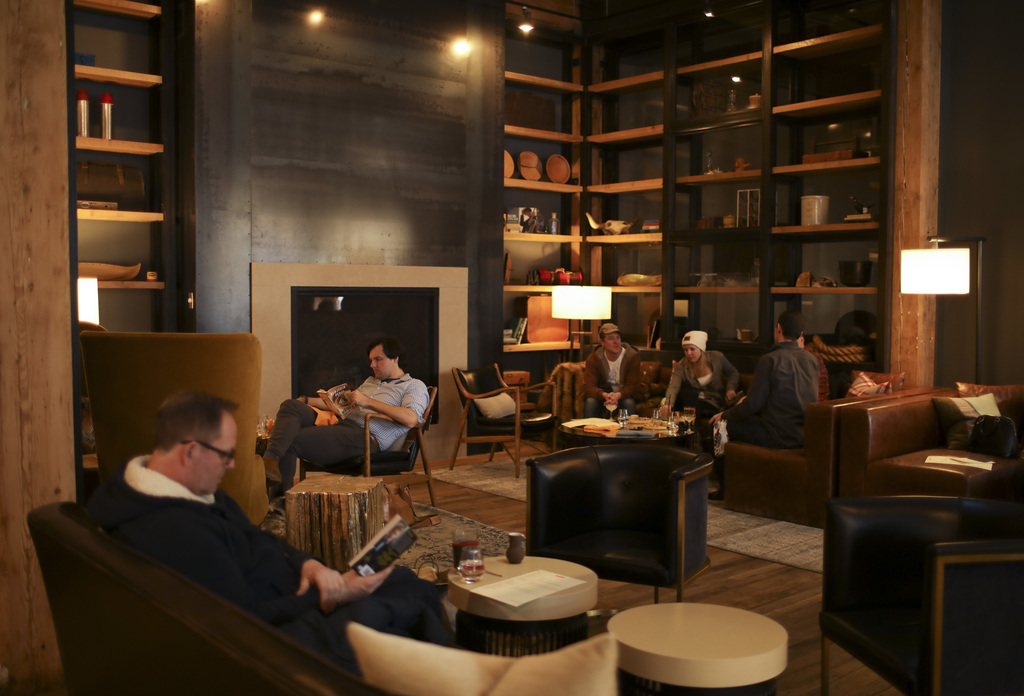 The lobby of the Hewing Hotel is a cozy place to curl up with a book.