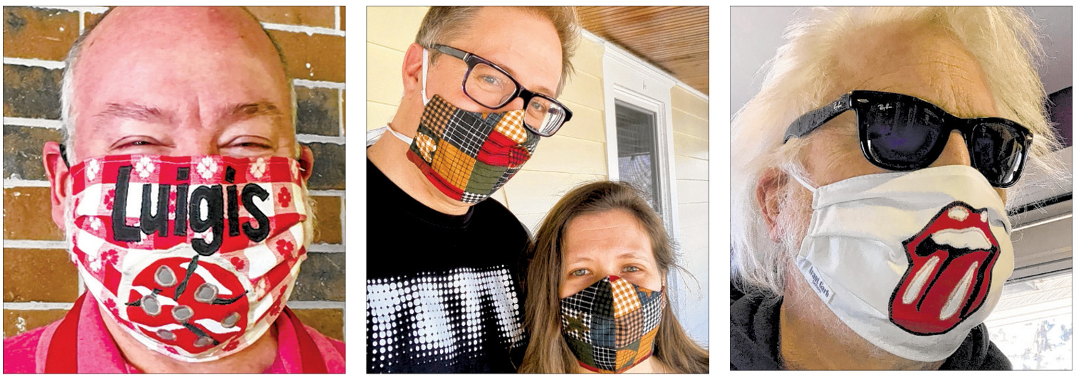Left to right: Lou Miranda’s neighbor Virginia Kearney whipped up this tasty face mask for Lou to wear at his newish pizza and calzone parlor in St. Louis Park called Luigi’s Best. // Chris Boyer and his wife, Margaret Shepard, of south Minneapolis, sport patchwork masks “made with love” by his mother-in-law, Susan Shepard. // Mike Elias, owner of Barely Brothers Records in St. Paul, has a Rolling Stones-inspired mask made by Avant Garb Fashions. “What’s fashionably hot this spring?” he posted on Facebook. “I am.”