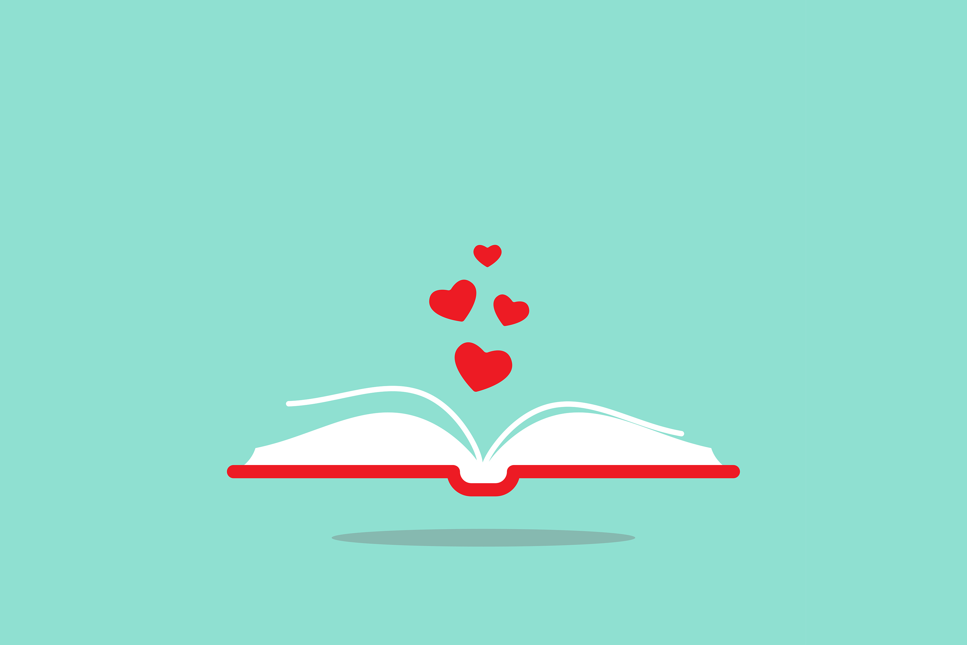 An illustration of an open book with hearts rising from it.