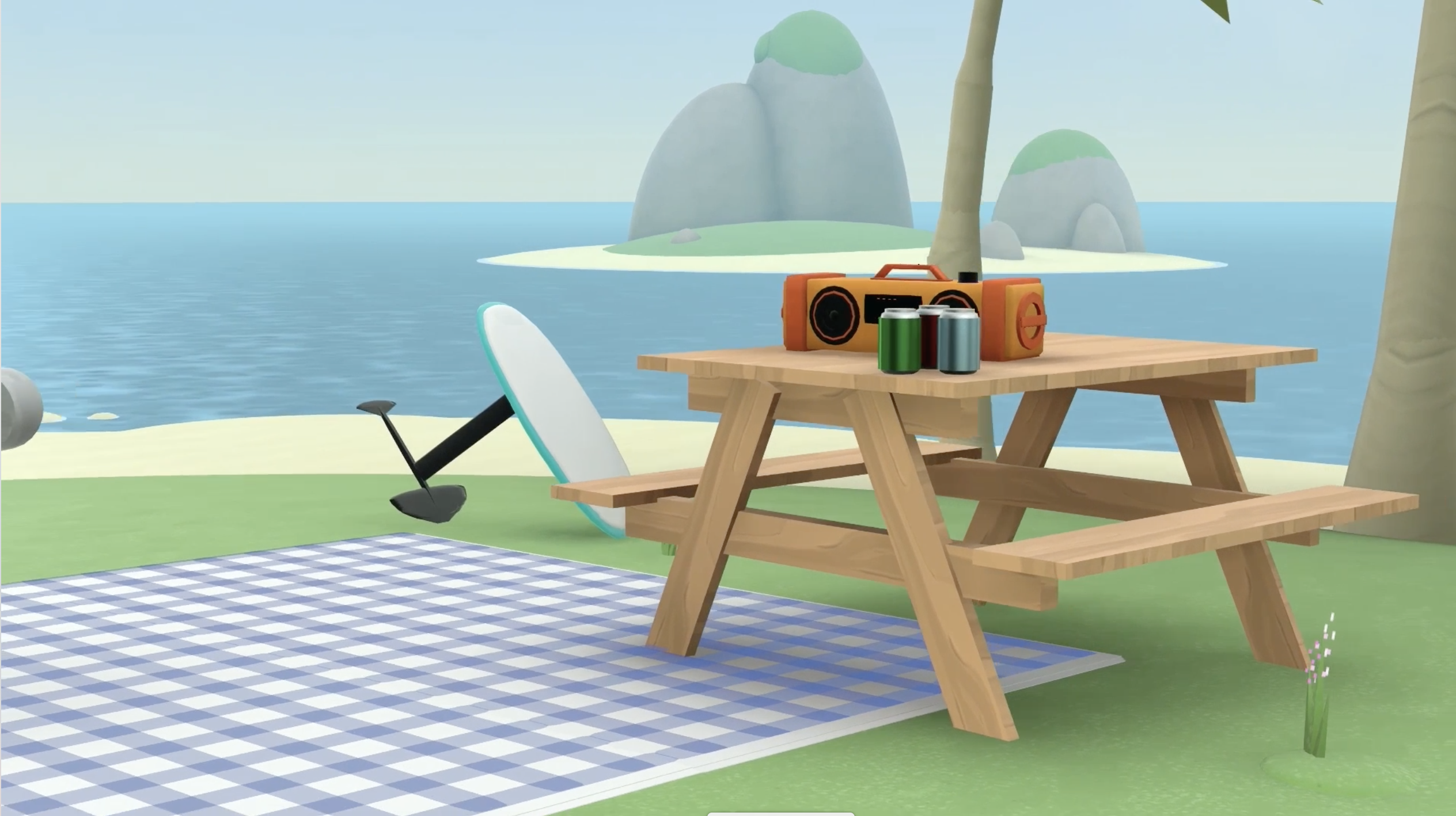 A 3D beach environment with a picnic table and hydrofoil.
