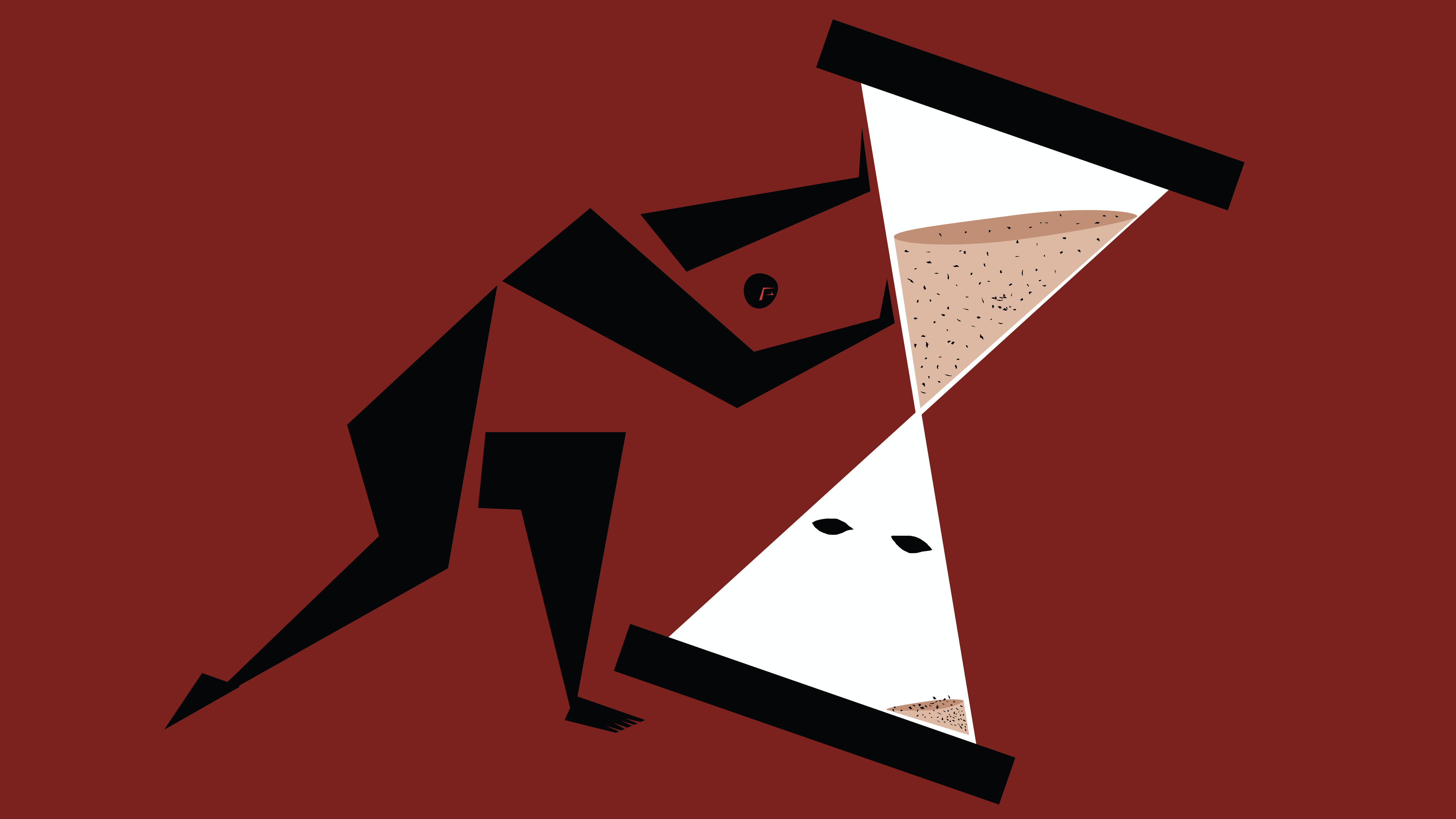 An illustration: Against a dark red background, a stylized figure made of large black triangles (and who has a little circle for a head) struggles to topple a giant hourglass. The top is full; the bottom is mostly empty, specks of sand floating down through its white void evoke a KKK hood.