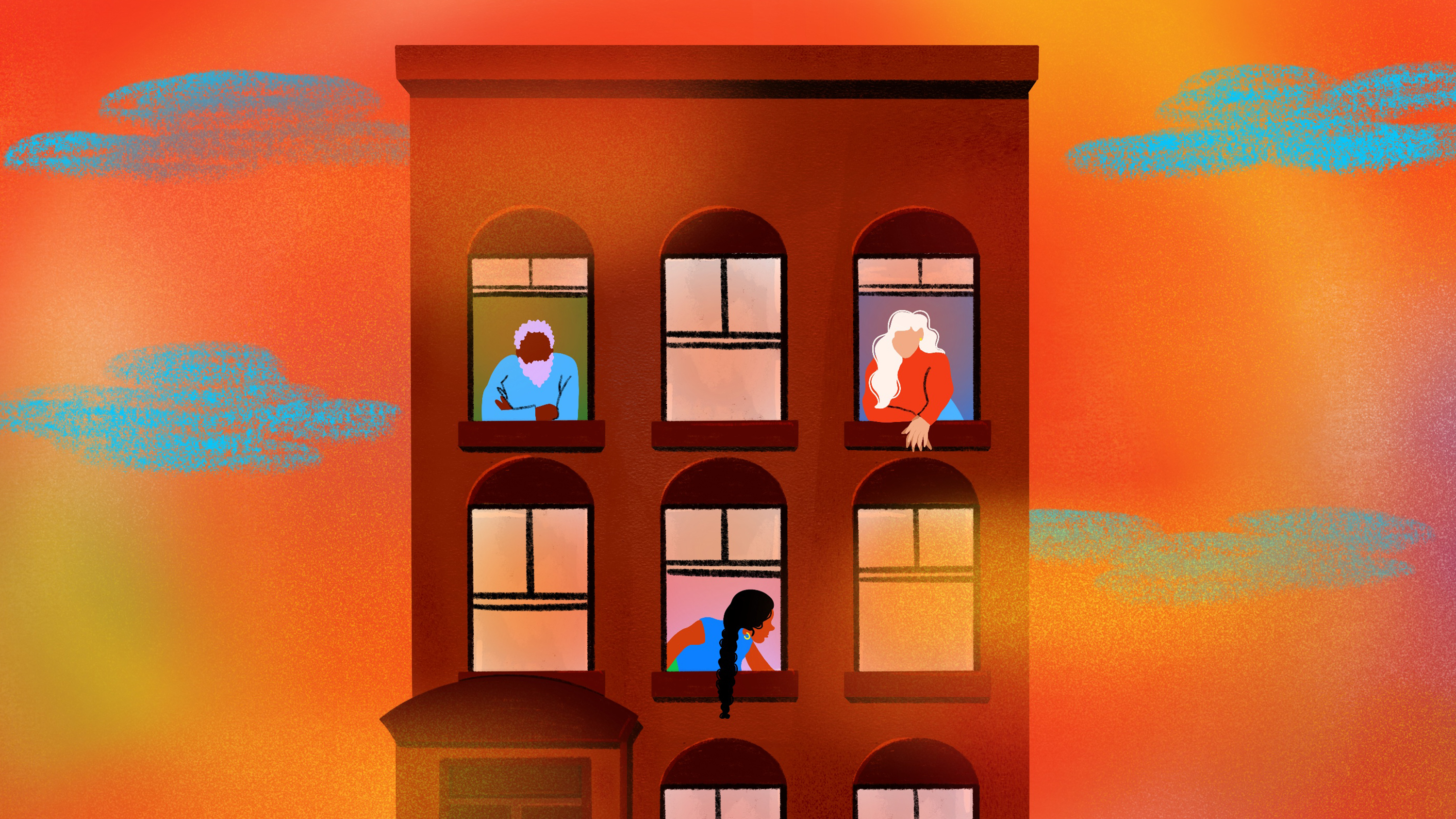 An illustration shows a tall apartment building with a heat-evoking orange background and wisps of blue smoke passing in front of it. In the building’s windows, various people look outside or perform chores inside.