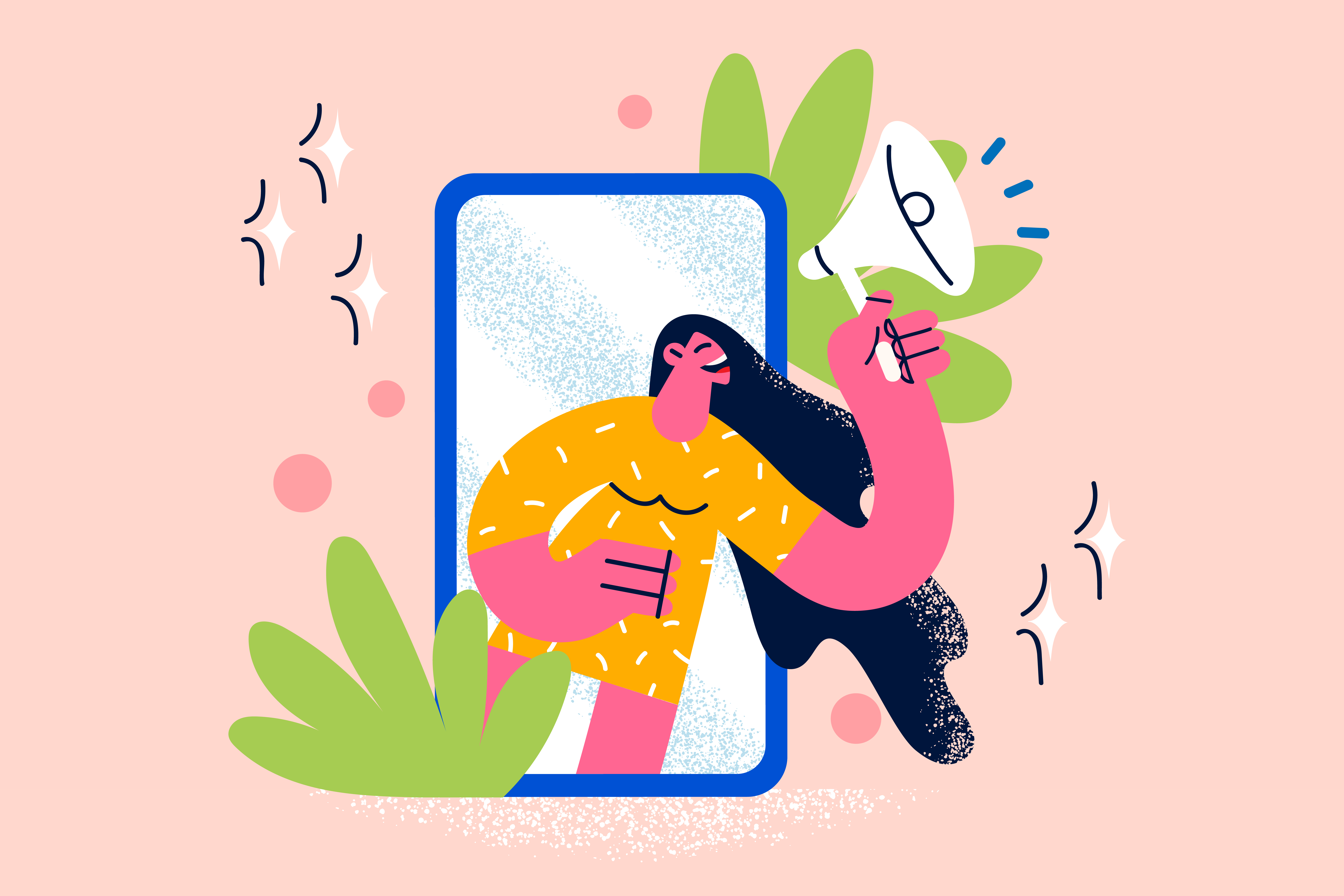 An illustration of a woman with a megaphone popping out of a cell phone.
