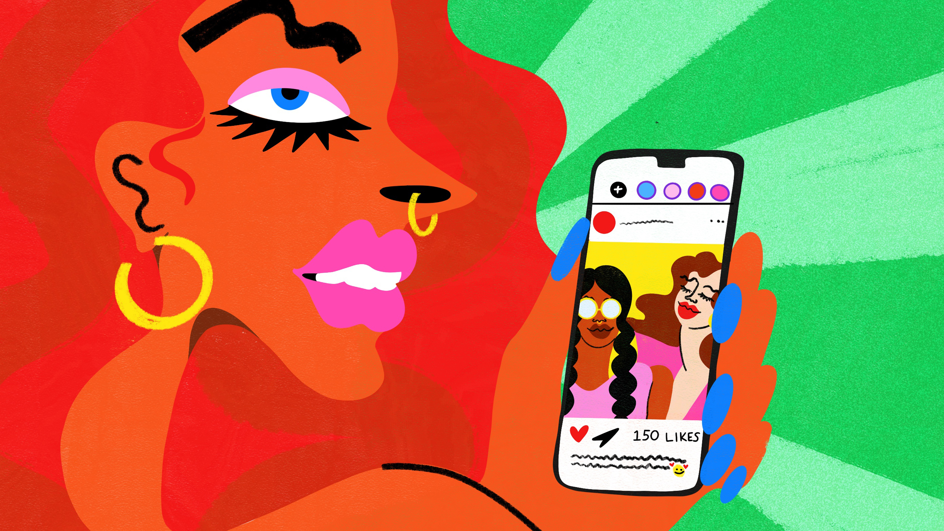 A brightly colored illustration of a woman with wavy hair and an unhappy expression, looking at a phone screen showing two happy-looking people in a photo on social media.