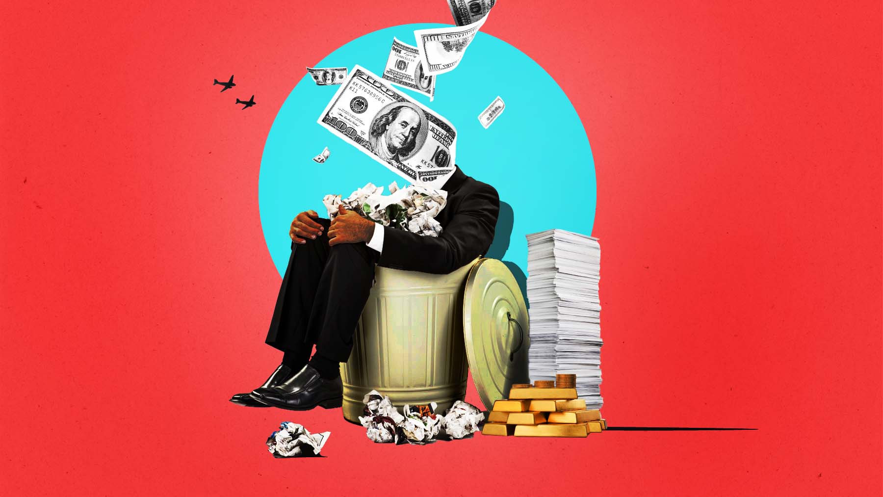 An illustration of a person in a business suit, sitting in a trashcan surrounded by crumpled up trash, gold bars, and a stack of paper. The head of the person is replaced by cascading hundred dollar bills.