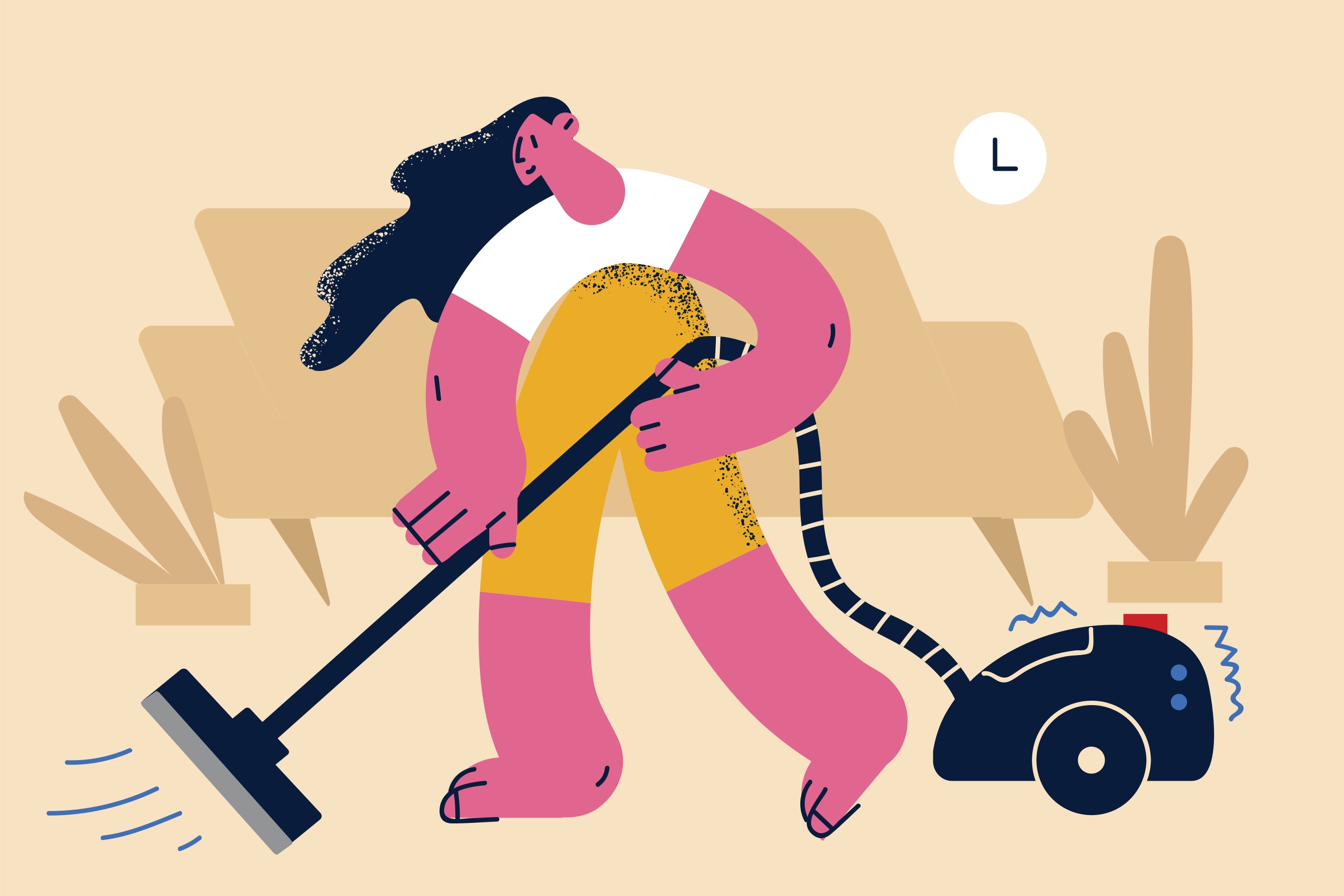 Cartoon of a person vacuuming in their home.