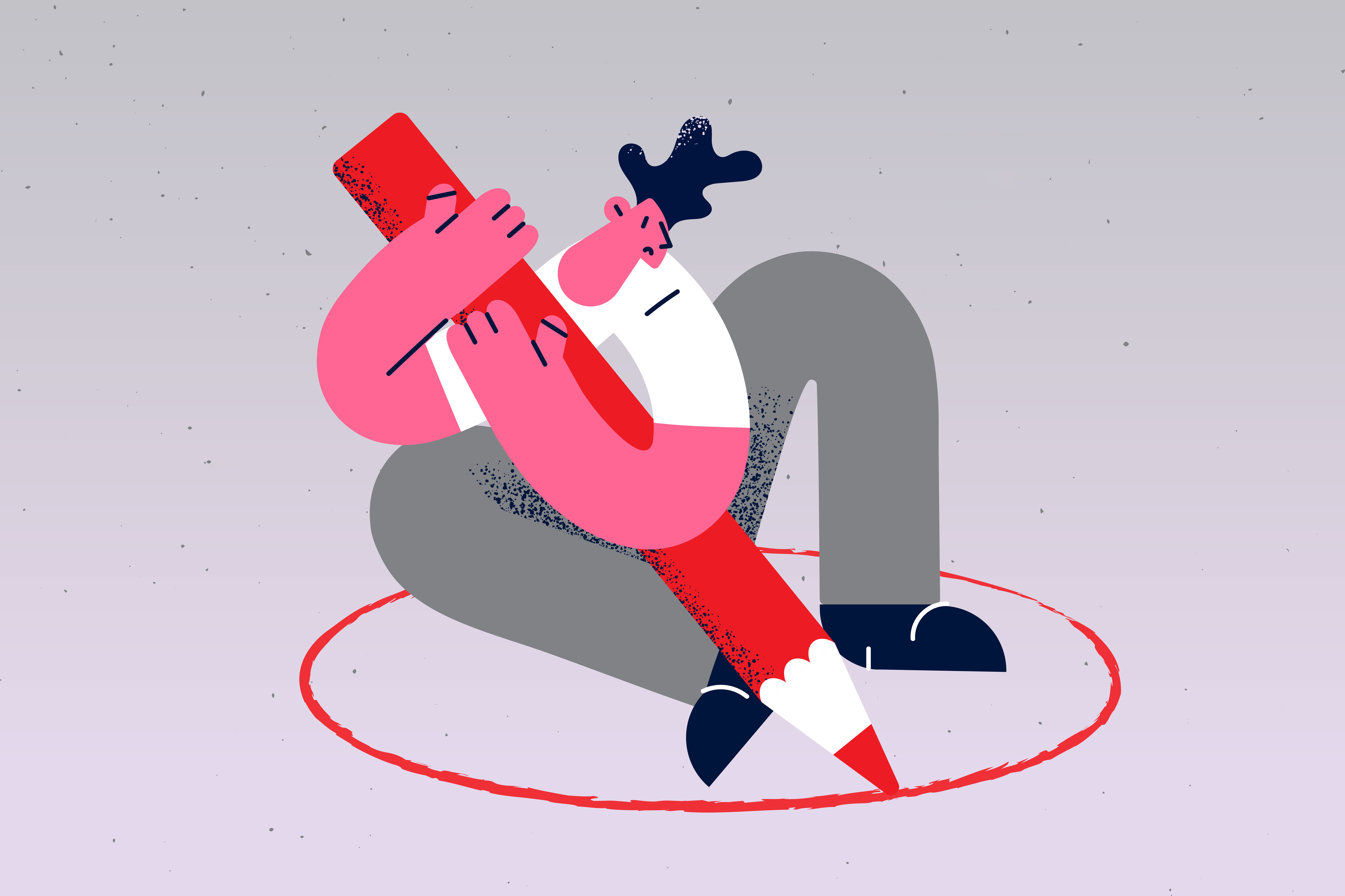 An illustration of a person drawing a circle around their body with a large red pencil.