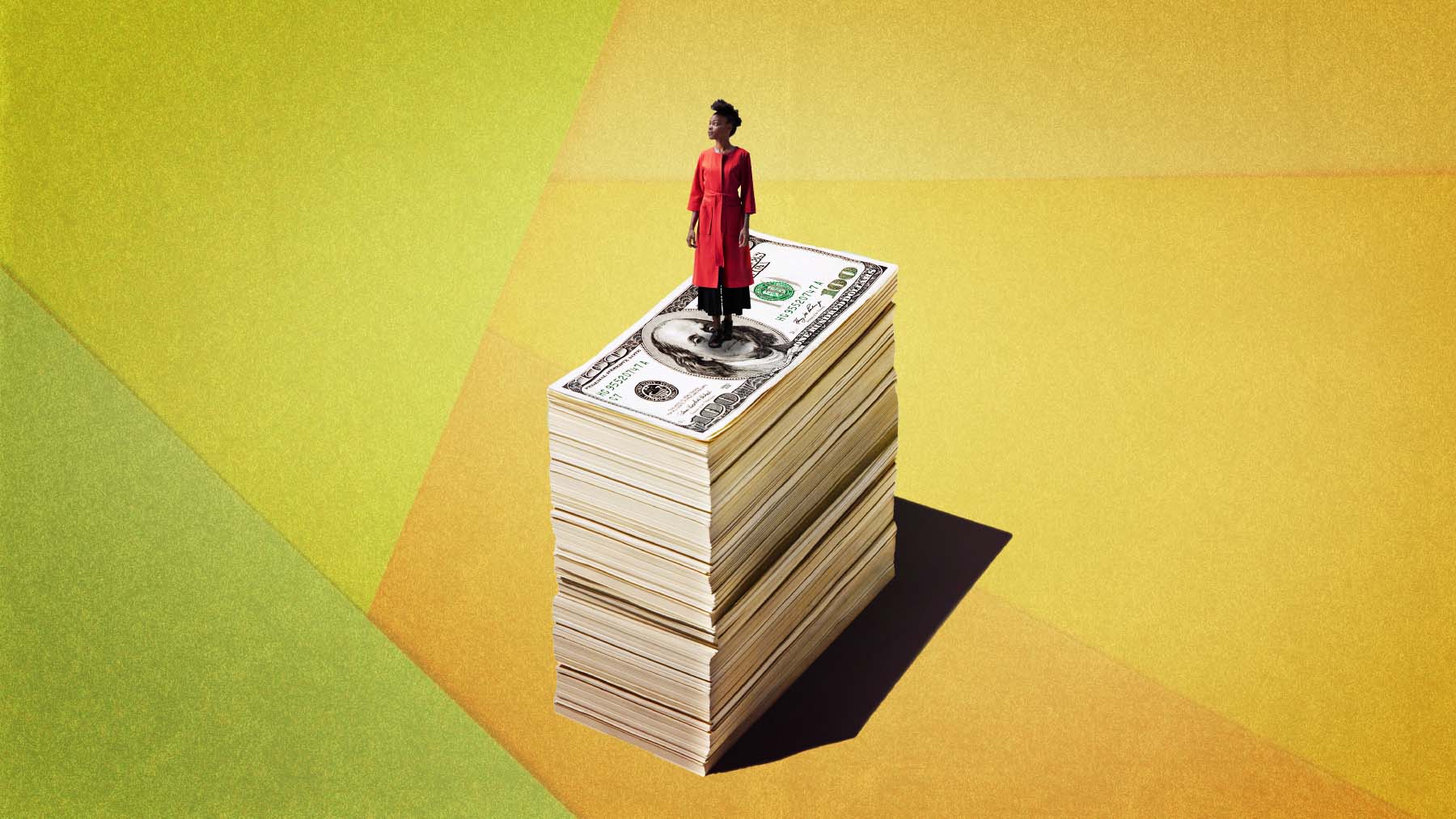 An illustration of a Black person standing on top of a stack of $100 bills against a textured felt background.