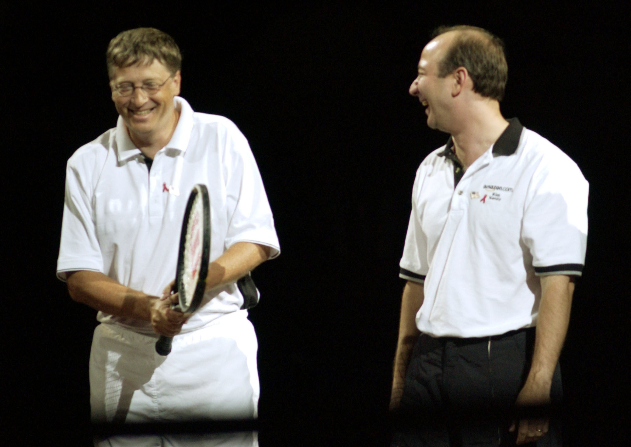 Bill Gates and Jeff Bezos playing tennis in Seattle, Washington, in 2001.