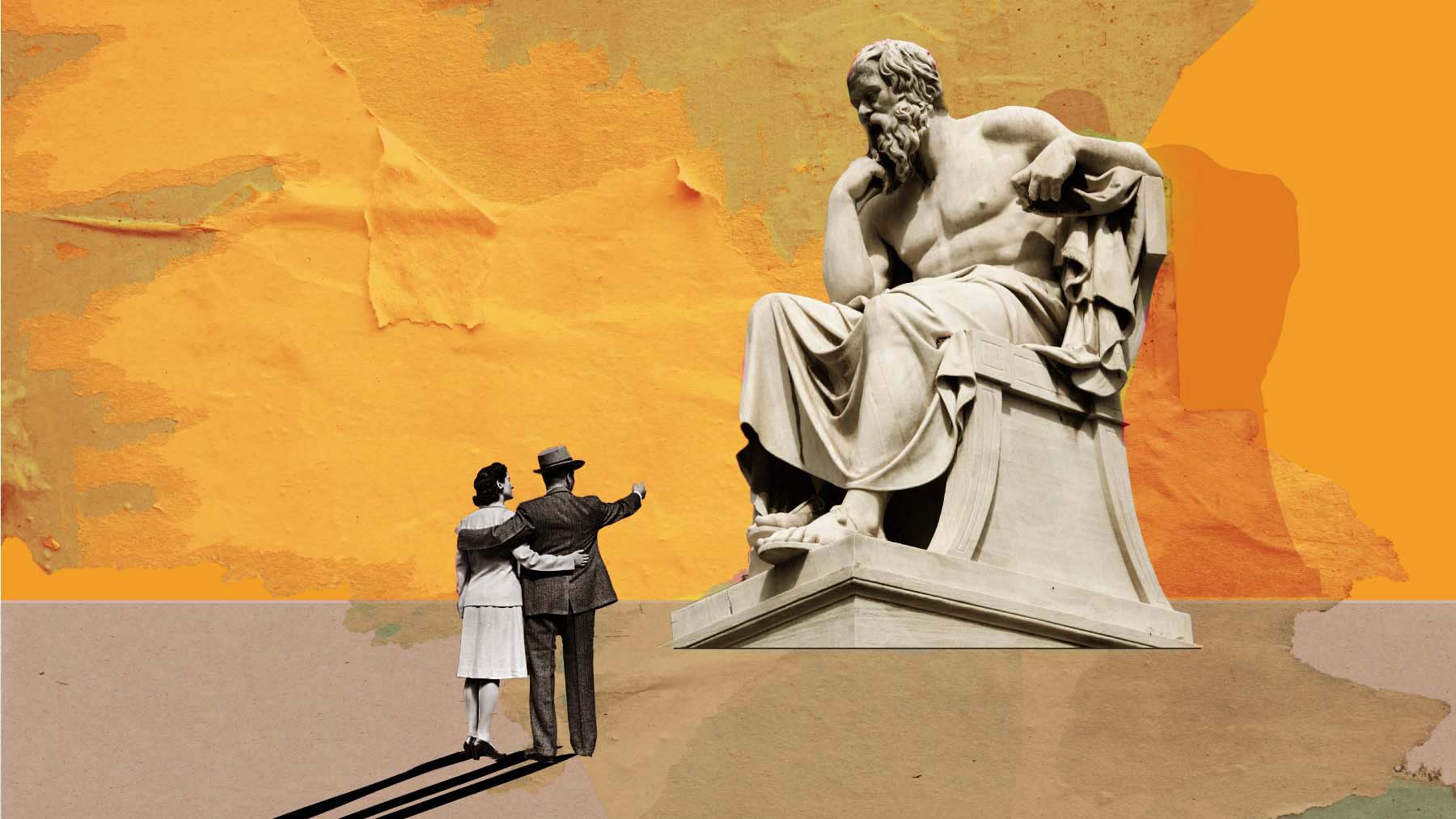 Collage of a couple with their arms around each other gesturing toward a large seated statue of a Greek philosopher.