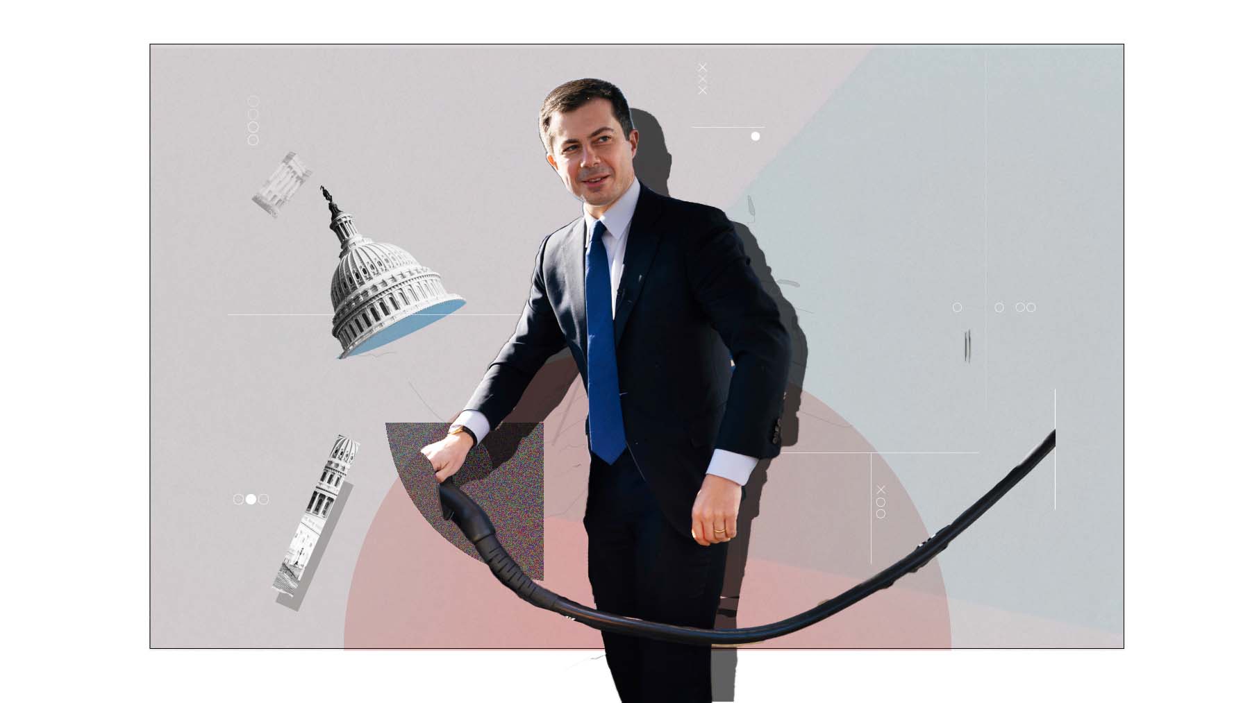 Photo collage of Pete Buttigieg and the Capitol dome.