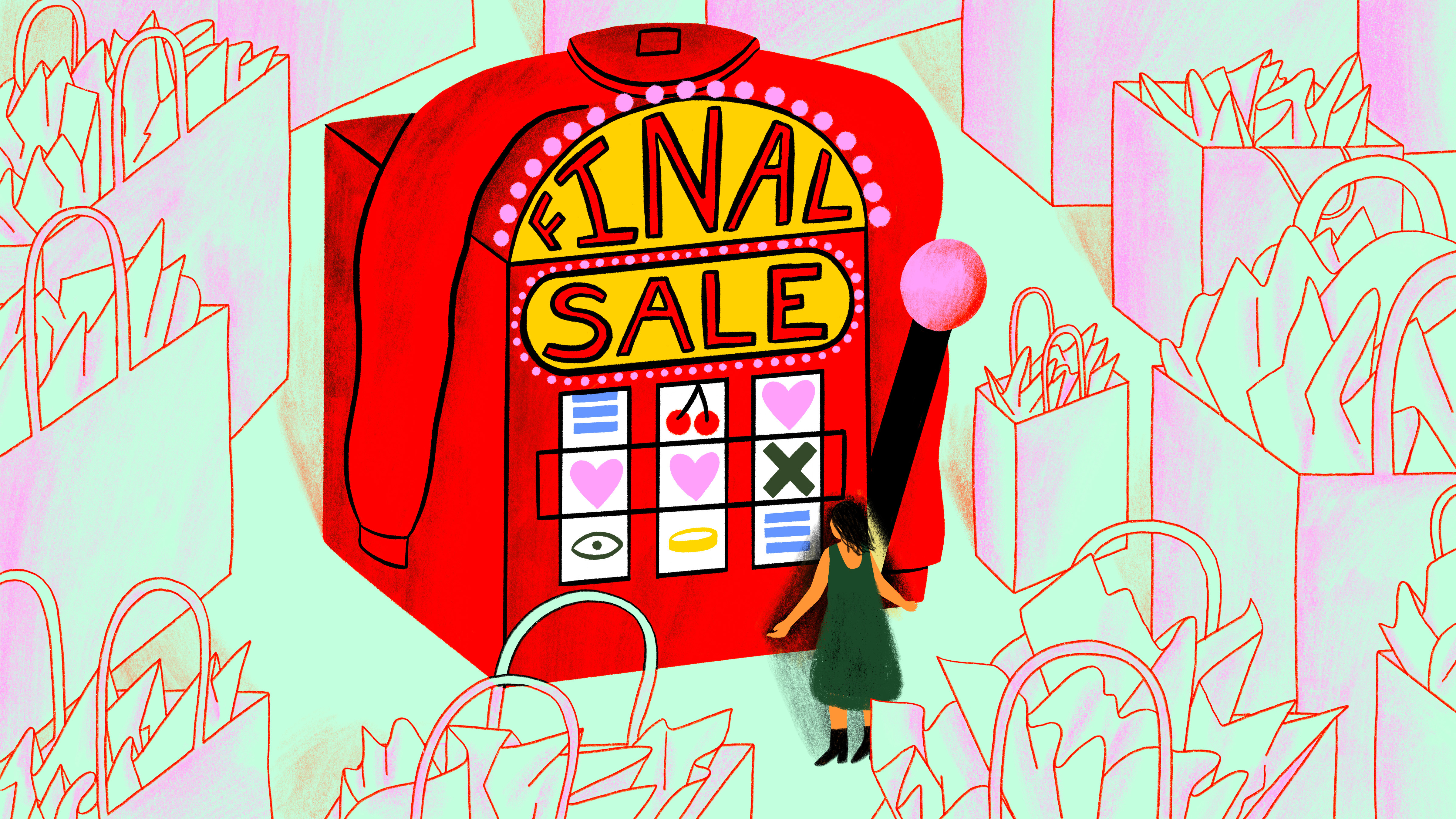 An illustration shows a woman looking at a large red slot machine labeled “Final Sale.”