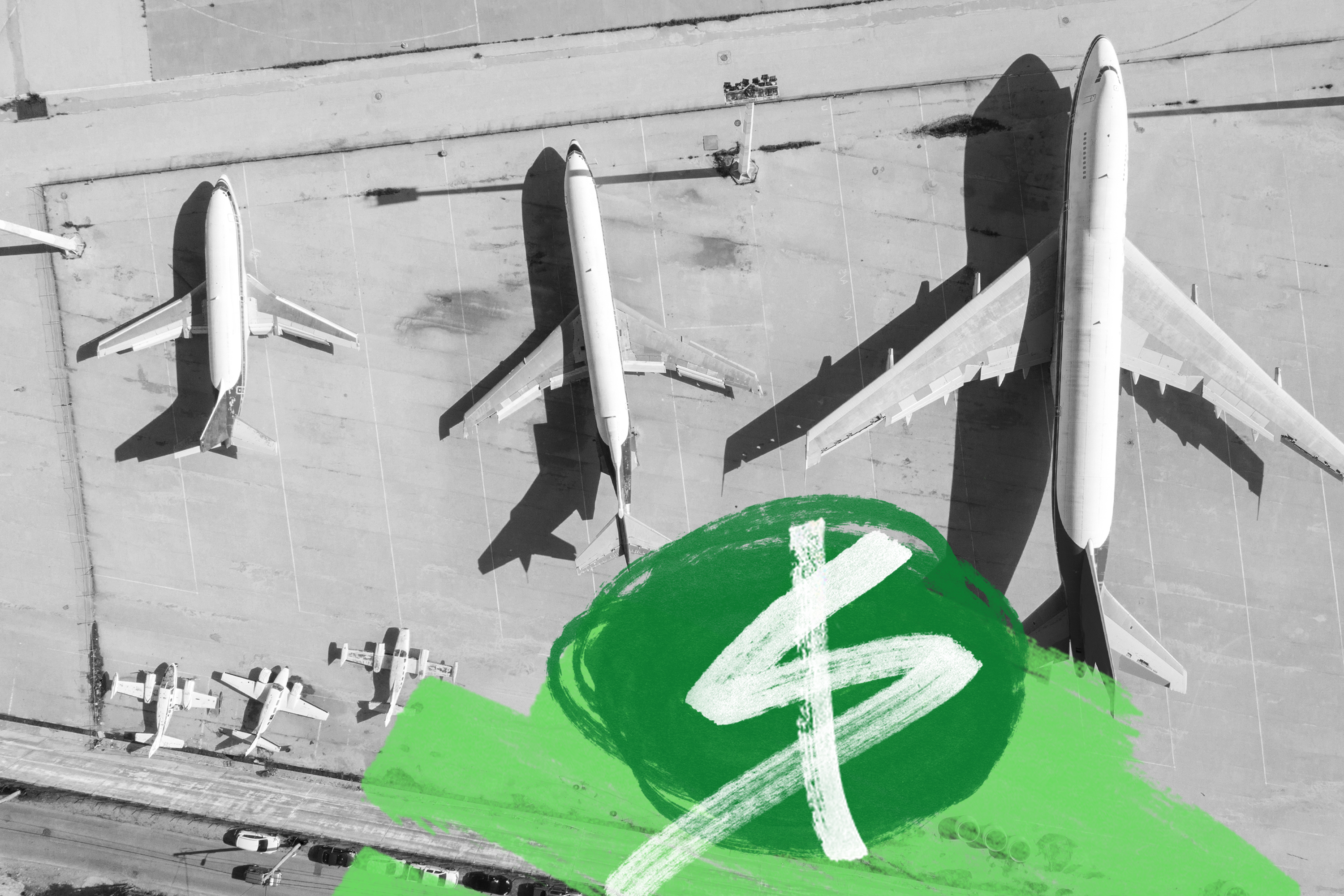 A photo illustration showing airplanes with a dollar sign on them.