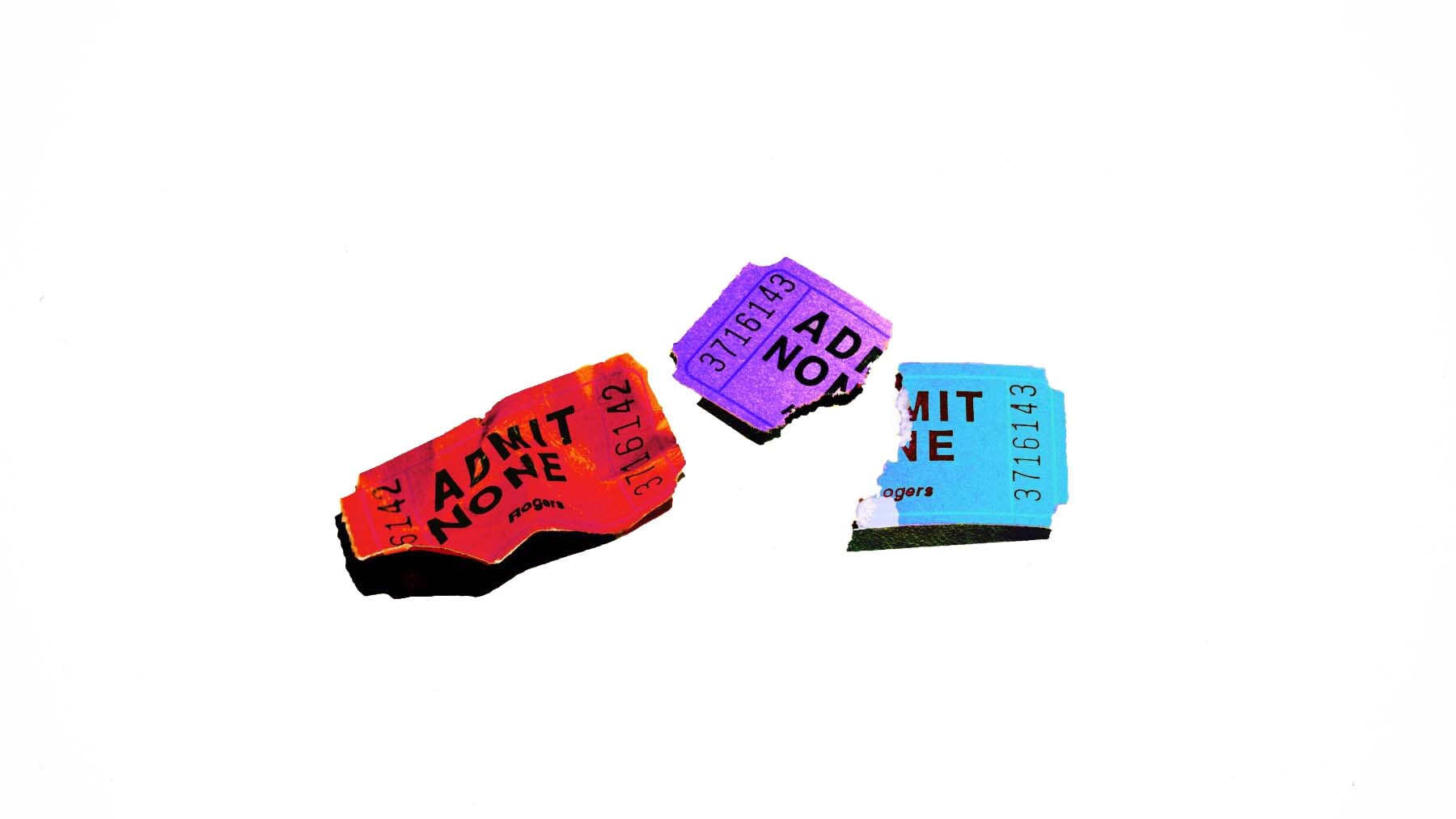 An illustration showing red, blue, and purple movie tickets, torn in pieces.