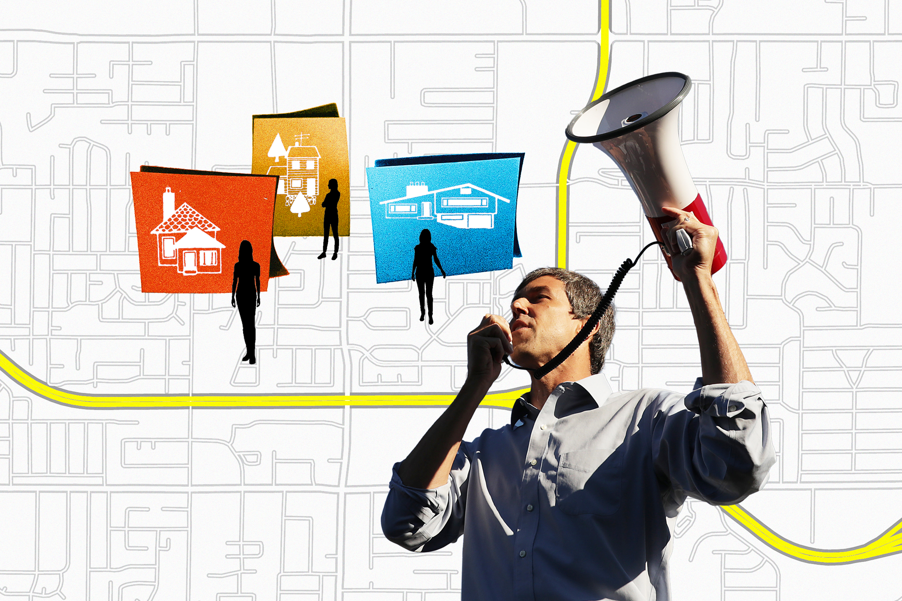 An illustration shows Beto O’Rourke with a megaphone, over a background of a city map and images of different-colored houses.