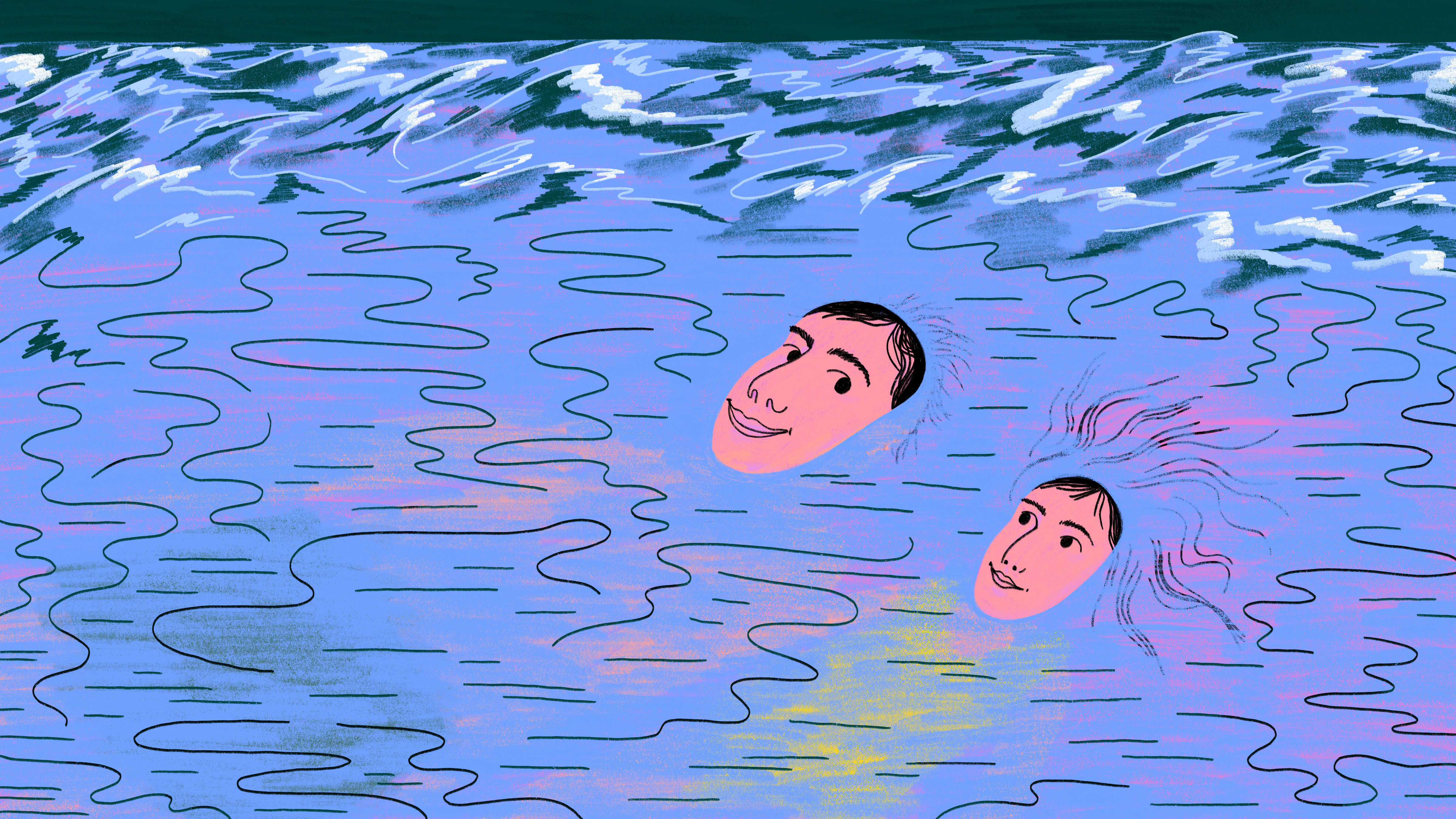 An illustration of a parent and child floating in water together on their backs, waves in the background.