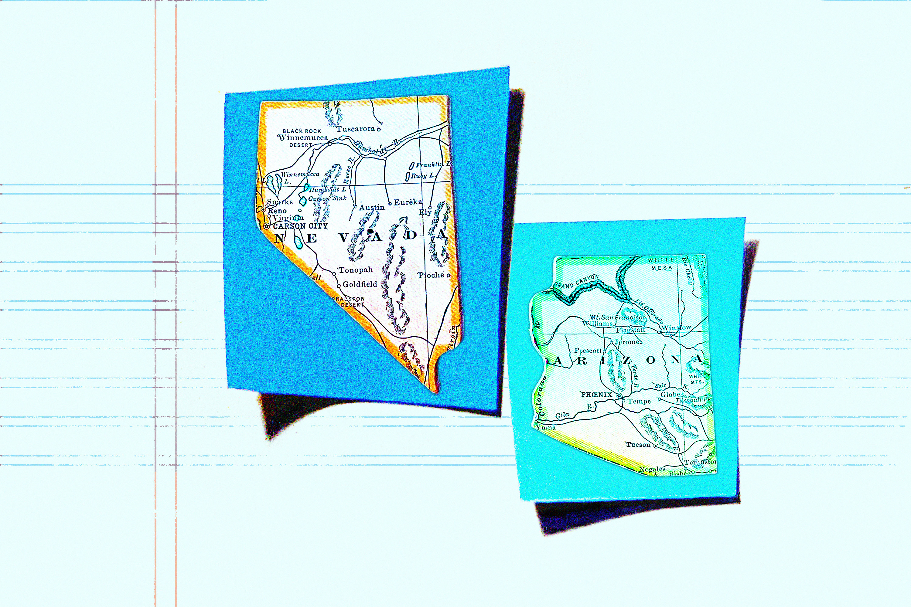 An illustration shows maps of Nevada and Arizona on blue pieces of paper.