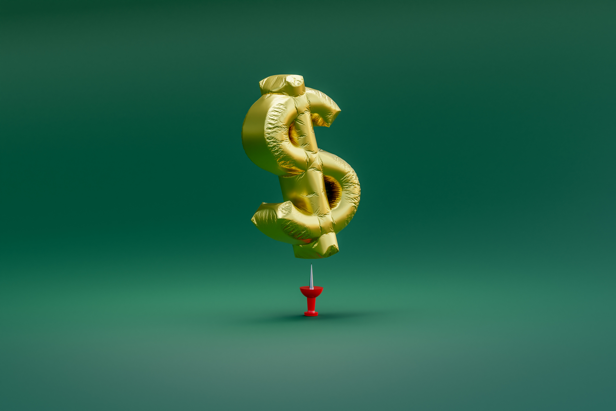 A dollar-sign balloon floating over a pushpin poised to pop it.