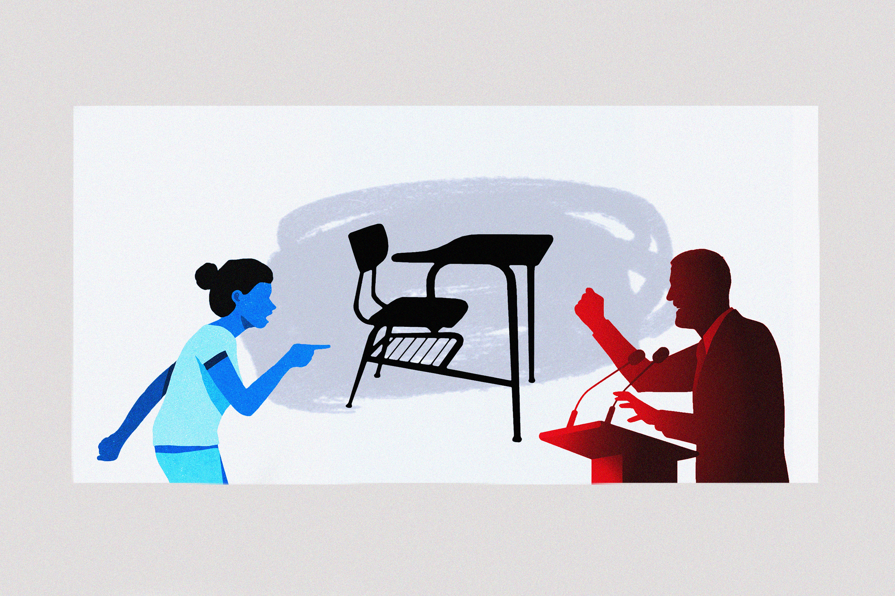 An illustration shows a school desk and chair, with a woman in blue on the left, arguing with a man at a podium in red on the right.